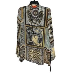 Hale Bob Cabana Beaded 100% Silk Scarf Print Flare Sleeve Tunic Top Size Medium
